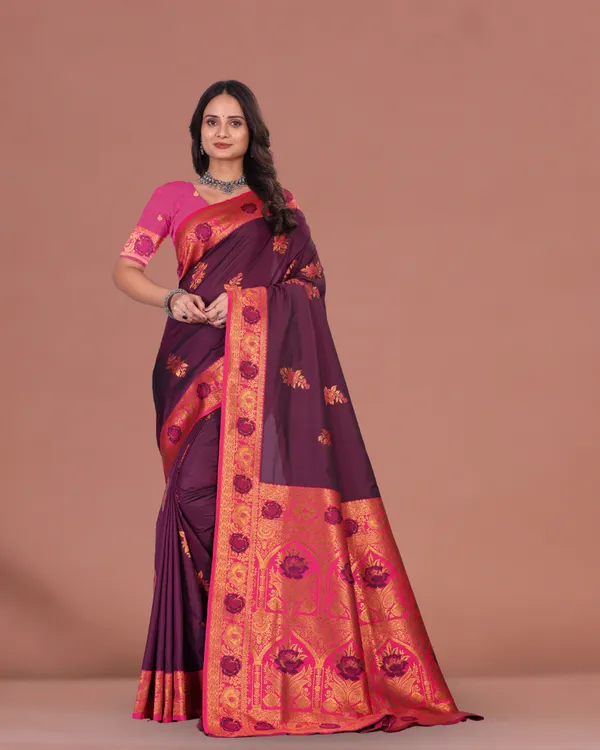 Royal_Maroon_Banarasi_Silk_Saree_with_Golden_Zari_and_Contrast_Blouse