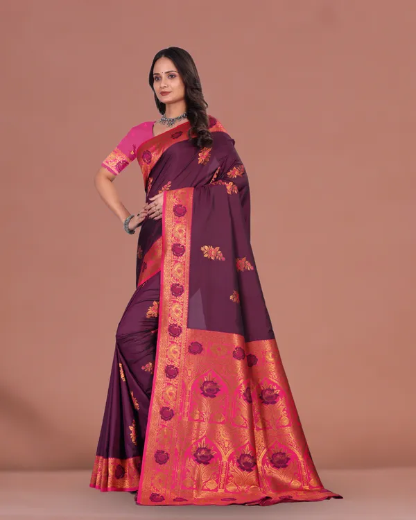Royal_Maroon_Banarasi_Silk_Saree_with_Golden_Zari_and_Contrast_Blouse