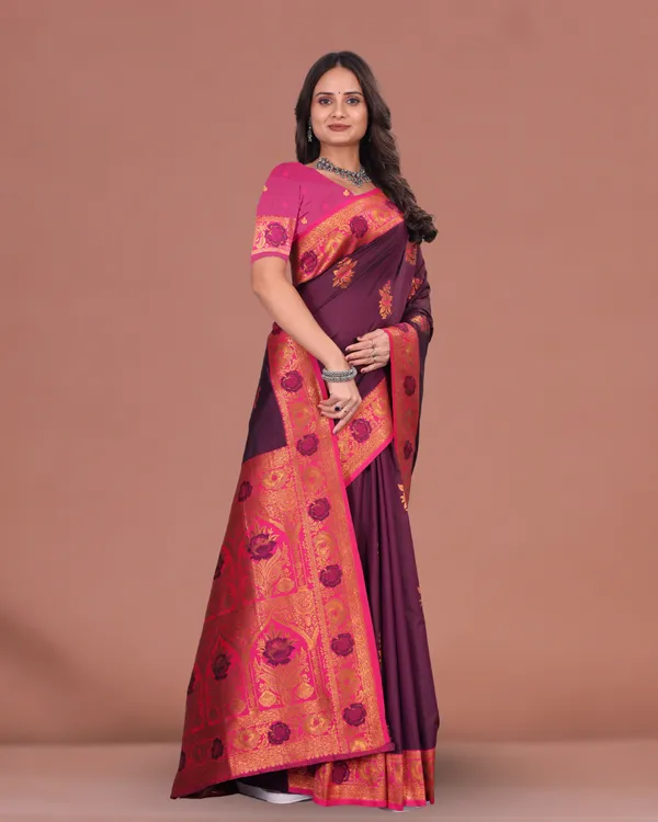 Royal_Maroon_Banarasi_Silk_Saree_with_Golden_Zari_and_Contrast_Blouse