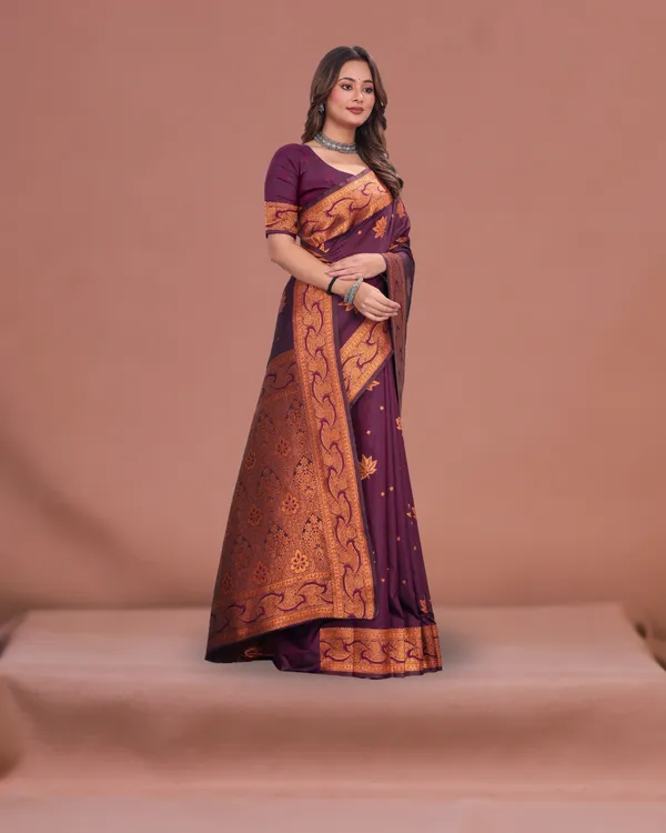 Wine_Banarasi_Silk_Saree_with_Golden_Zari_Weaving_&_Traditional_Floral_Design