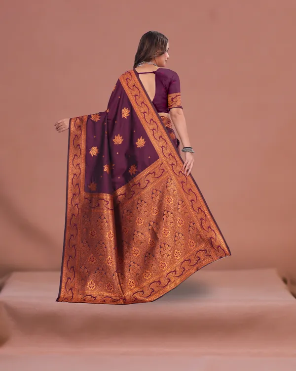 Wine_Banarasi_Silk_Saree_with_Golden_Zari_Weaving_&_Traditional_Floral_Design