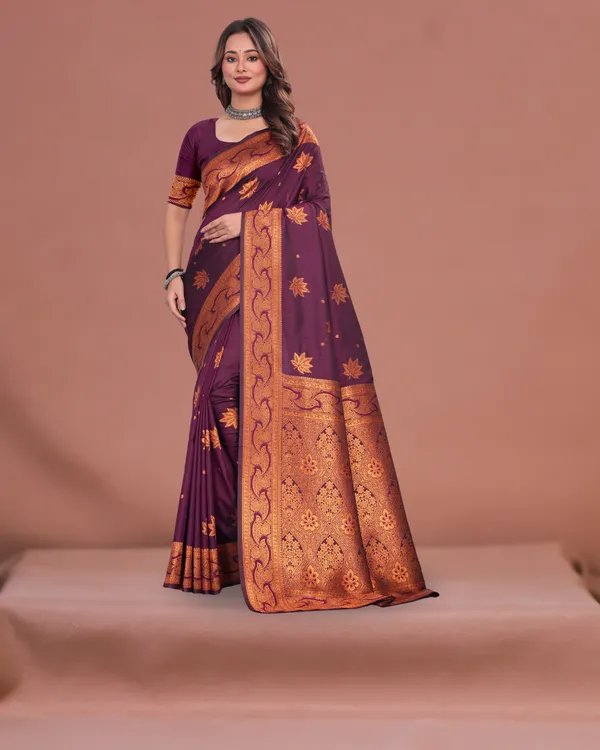 Wine_Banarasi_Silk_Saree_with_Golden_Zari_Weaving_&_Traditional_Floral_Design