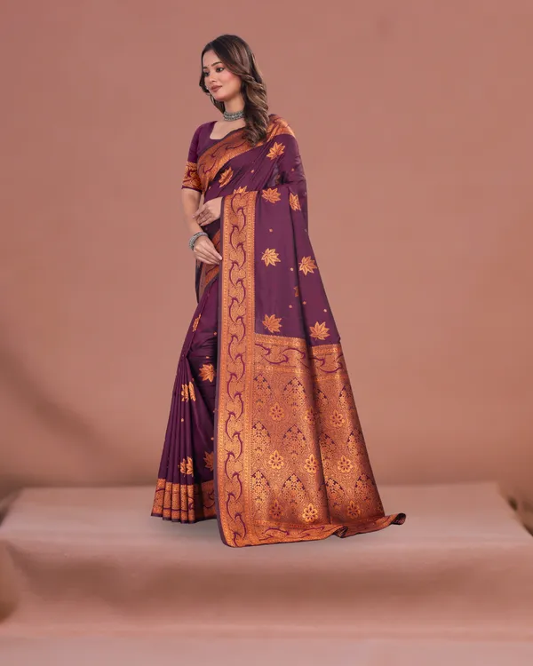 Wine_Banarasi_Silk_Saree_with_Golden_Zari_Weaving_&_Traditional_Floral_Design