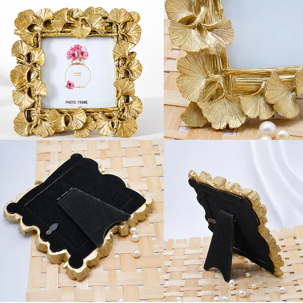 Golden_Ginkgo_Leaf_Photo_Frame_5x5_Square_Decorative_Metal_Picture_Holder_Vintage_Resin_Centerpiece