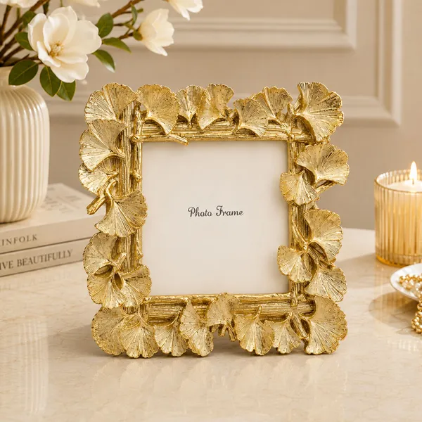 Golden_Ginkgo_Leaf_Photo_Frame_5x5_Square_Decorative_Metal_Picture_Holder_Vintage_Resin_Centerpiece