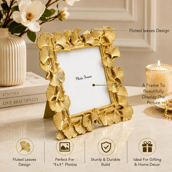 Golden_Ginkgo_Leaf_Photo_Frame_5x5_Square_Decorative_Metal_Picture_Holder_Vintage_Resin_Centerpiece