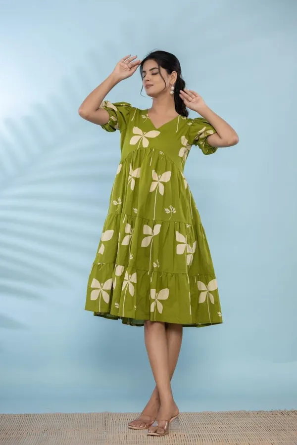 Butterfly_Whimsy_Olive_Green_Puff_Sleeve_Midi_Dress_For_Women