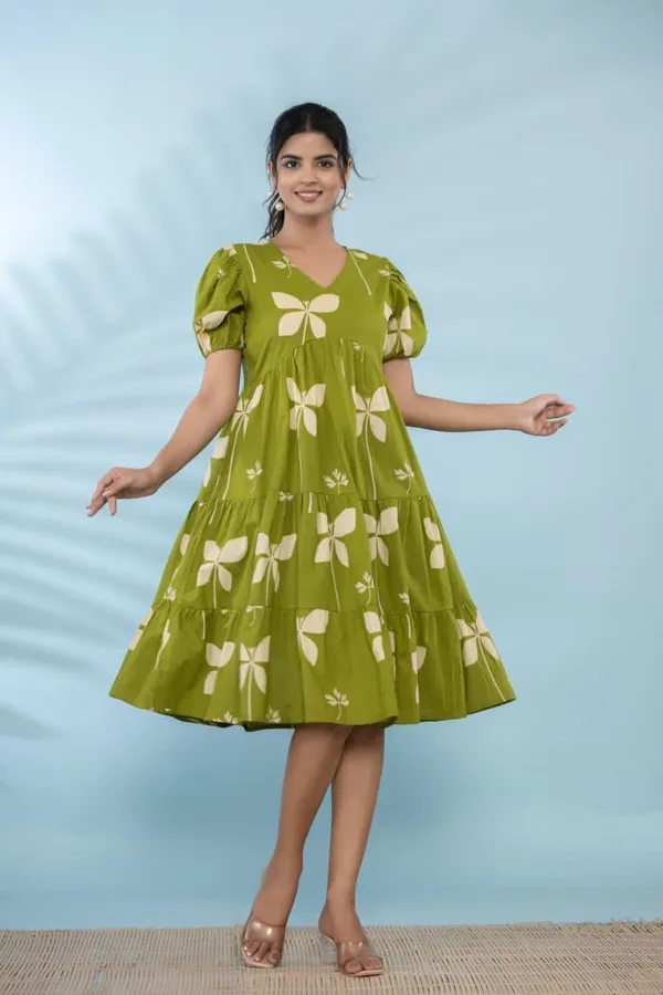 Butterfly_Whimsy_Olive_Green_Puff_Sleeve_Midi_Dress_For_Women