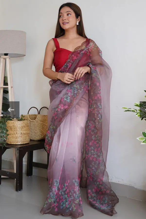 Wine_Women_Fancy_Orangaza_Sari_With_Unstitch__Blouse_For_Women