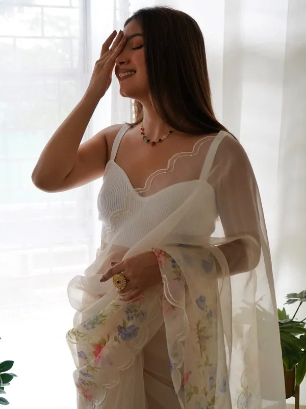 White_Women_Fancy_Orangaza_Sari_With_Unstitch__Blouse_For_Women