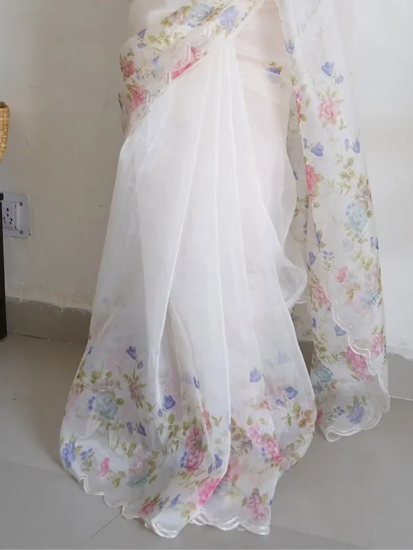 White_Women_Fancy_Orangaza_Sari_With_Unstitch__Blouse_For_Women