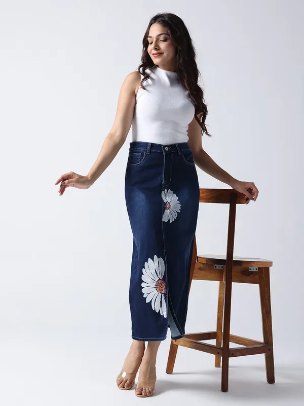 Blue_Daisy_Dream_Denim_front_cut_Skirt_For_Women