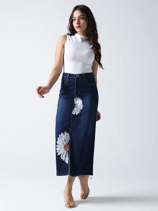 Blue_Daisy_Dream_Denim_front_cut_Skirt_For_Women