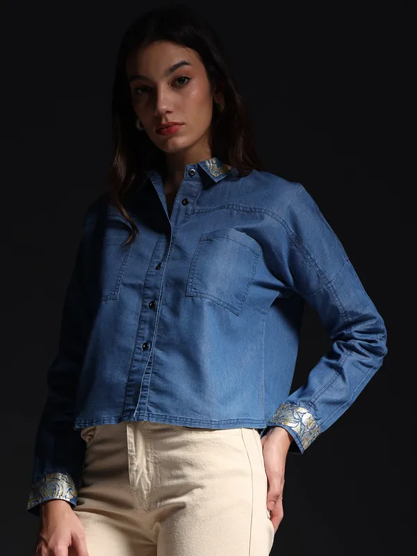 Blue_Wayang_Denim_Shirt_With_White_Jeans_For_Women