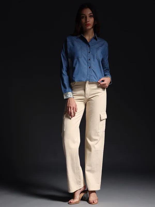 Blue_Wayang_Denim_Shirt_With_White_Jeans_For_Women