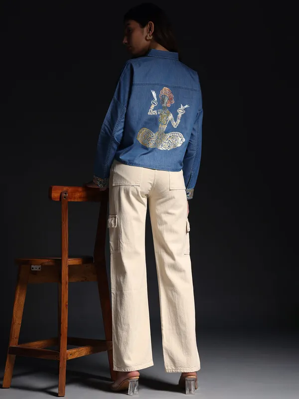 Blue_Wayang_Denim_Shirt_With_White_Jeans_For_Women
