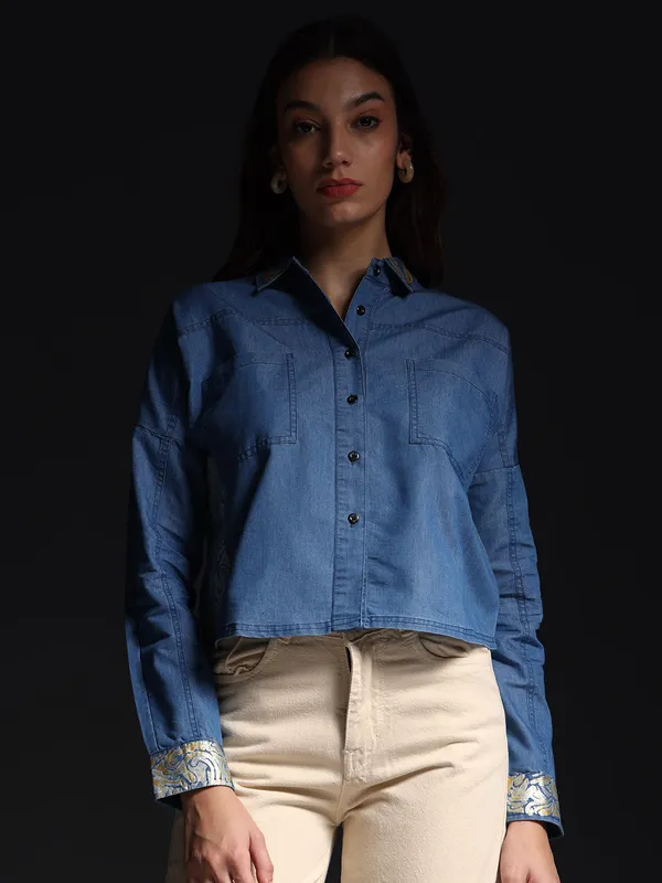 Blue_Wayang_Denim_Shirt_With_White_Jeans_For_Women