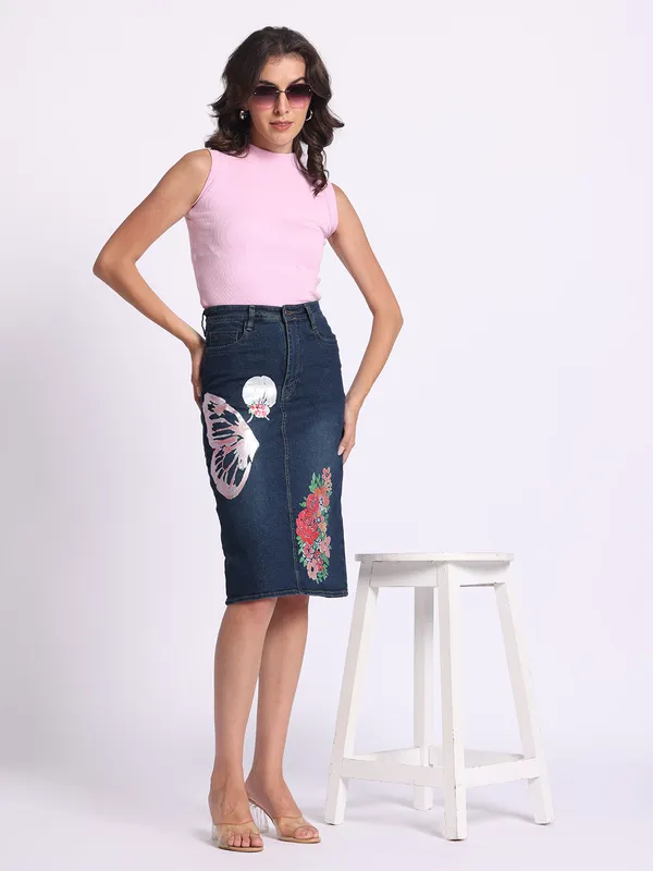 Multicolor_Butterfly_Garden_Artisan_Denim_Skirt_For_Women