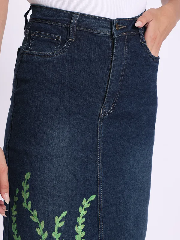 Blue_Sunflower_Bloom_Hand-Painted_Denim_Skirt_For_Women