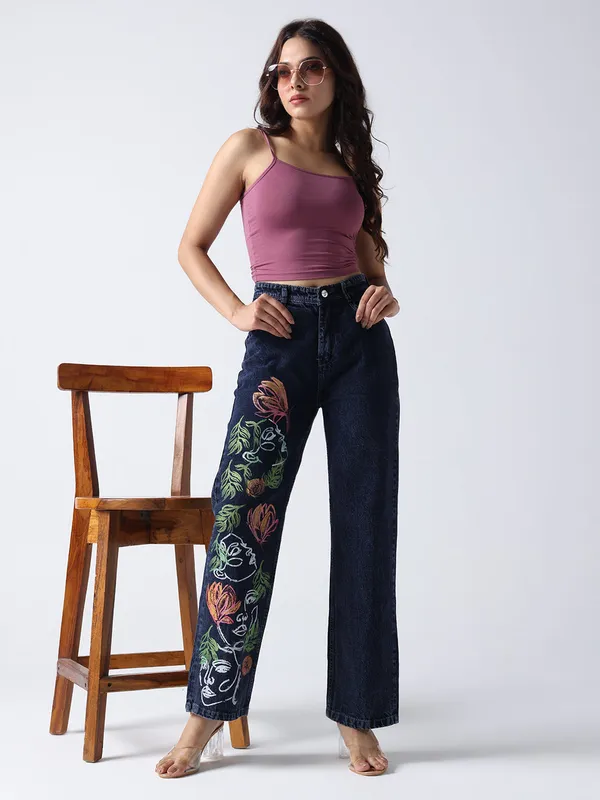 Dark_Blue_Floral_Faces_Art_Hand_Painted_Jeans_For_Women