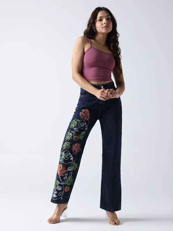 Dark_Blue_Floral_Faces_Art_Hand_Painted_Jeans_For_Women