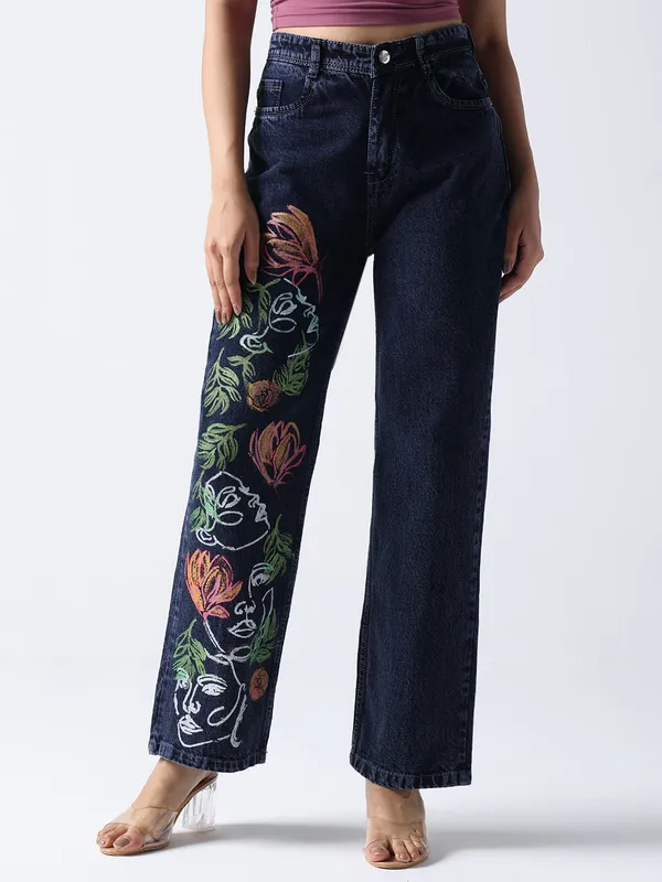 Dark_Blue_Floral_Faces_Art_Hand_Painted_Jeans_For_Women