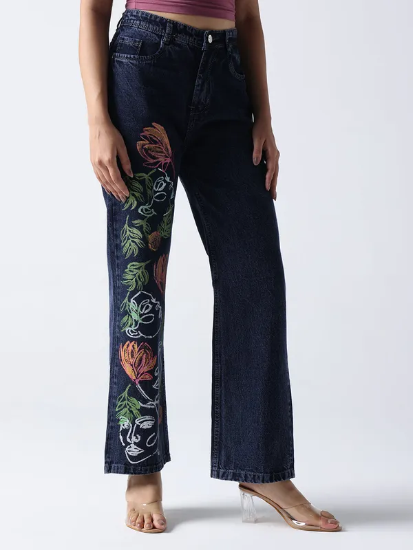 Dark_Blue_Floral_Faces_Art_Hand_Painted_Jeans_For_Women