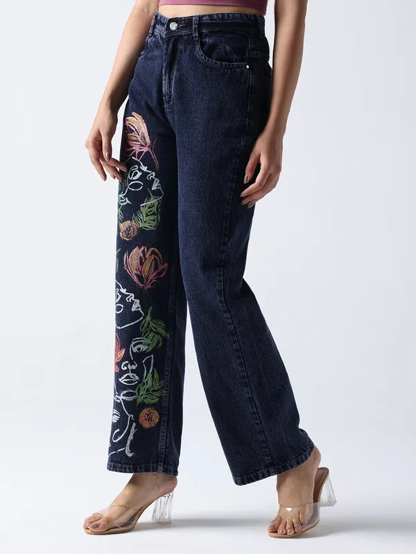 Dark_Blue_Floral_Faces_Art_Hand_Painted_Jeans_For_Women