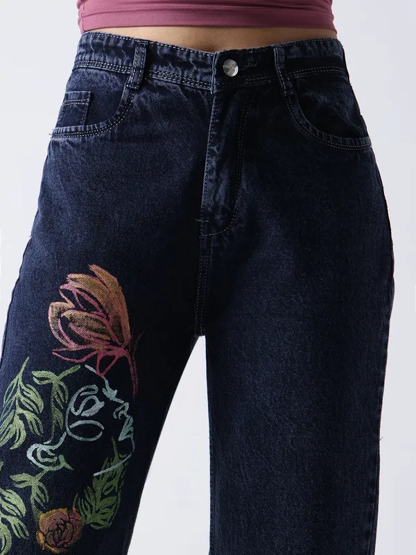 Dark_Blue_Floral_Faces_Art_Hand_Painted_Jeans_For_Women