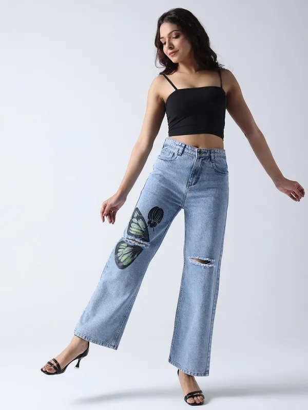 Sky_Blue_Monarch_Butterfly-Non_Stretch_Hand_Painted_Jeans_High-Rise_Distressed_For_Women