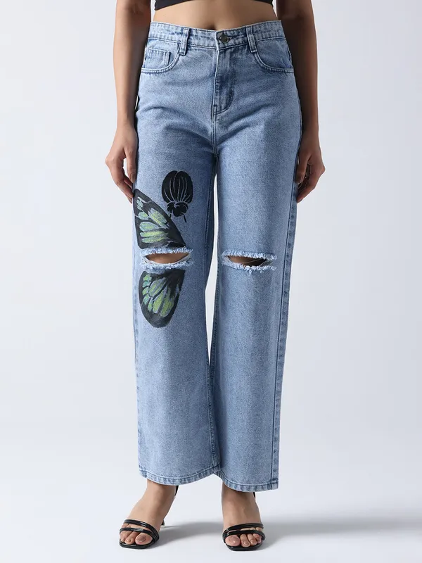 Sky_Blue_Monarch_Butterfly-Non_Stretch_Hand_Painted_Jeans_High-Rise_Distressed_For_Women