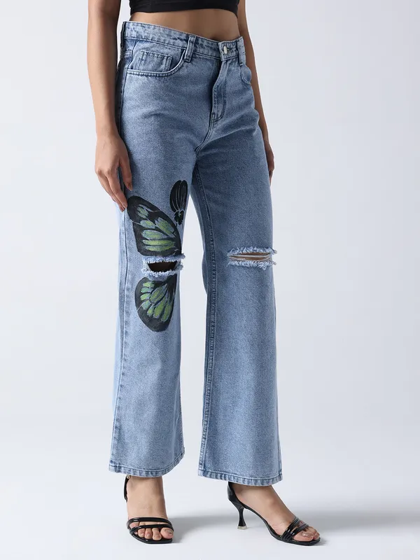Sky_Blue_Monarch_Butterfly-Non_Stretch_Hand_Painted_Jeans_High-Rise_Distressed_For_Women