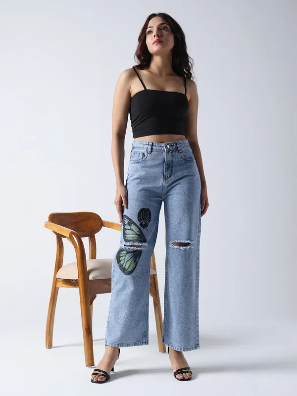 Sky_Blue_Monarch_Butterfly-Non_Stretch_Hand_Painted_Jeans_High-Rise_Distressed_For_Women