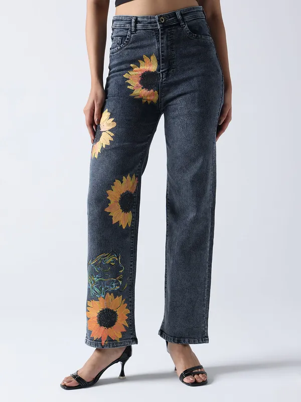 Black_Sunflower_Dreams_Hand_Painted_Jeans_For_Women