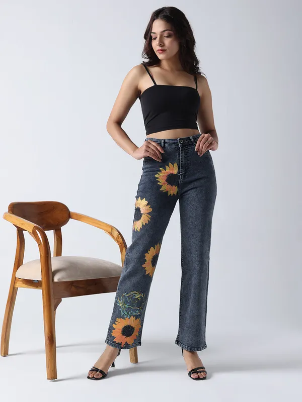 Black_Sunflower_Dreams_Hand_Painted_Jeans_For_Women