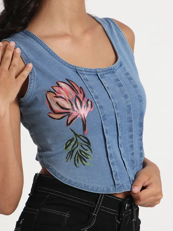 Blue_Floral_Charm_Hand_Painted_Denim_Jeans_Crop_Top_For_Women