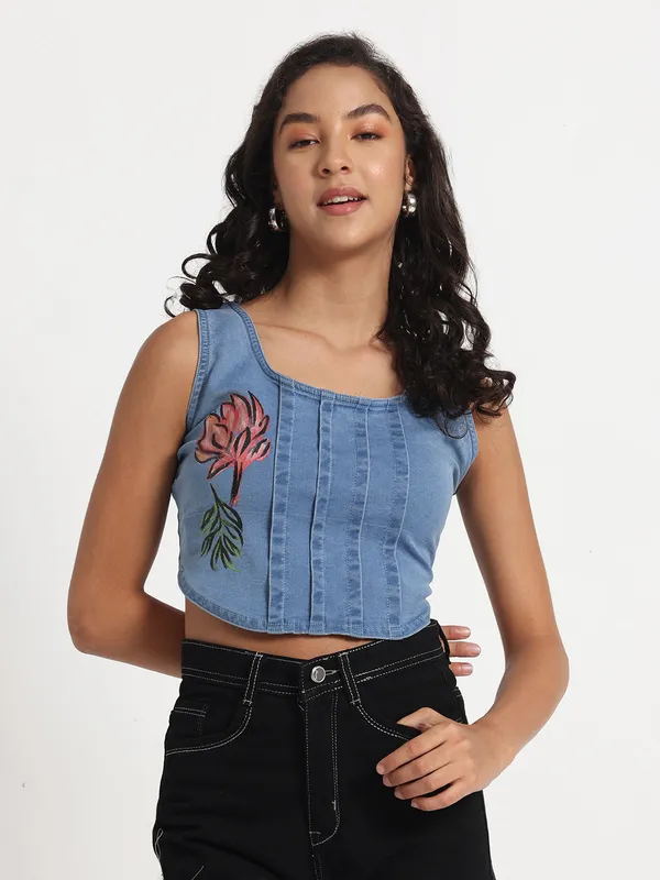 Blue_Floral_Charm_Hand_Painted_Denim_Jeans_Crop_Top_For_Women