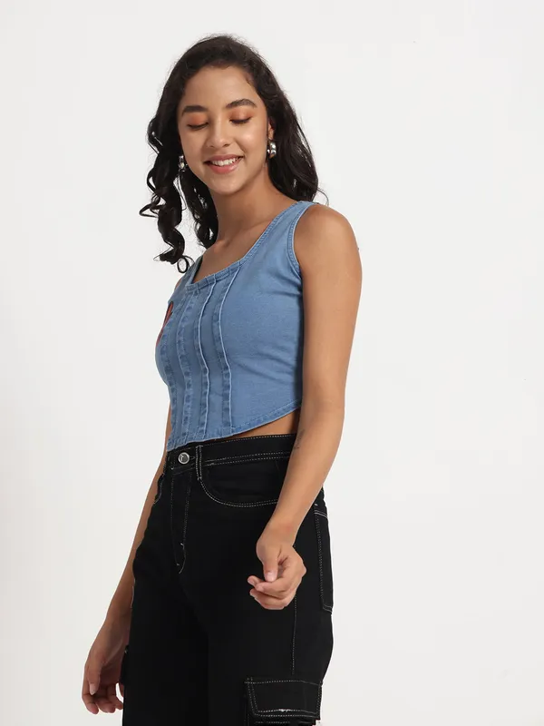 Blue_Floral_Charm_Hand_Painted_Denim_Jeans_Crop_Top_For_Women