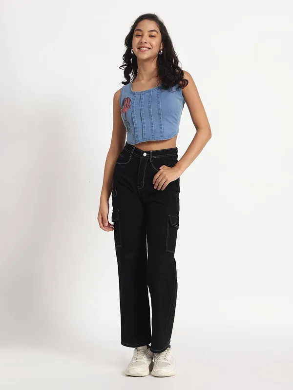 Blue_Floral_Charm_Hand_Painted_Denim_Jeans_Crop_Top_For_Women