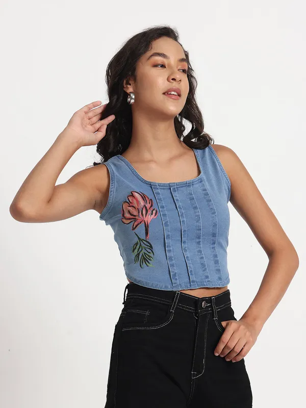 Blue_Floral_Charm_Hand_Painted_Denim_Jeans_Crop_Top_For_Women