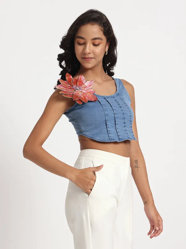 Blue_Denim_Crop_Jeans_Top_with_Brooch_For_Women