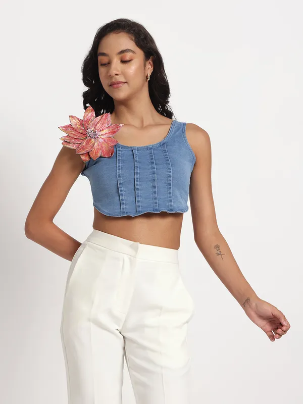 Blue_Denim_Crop_Jeans_Top_with_Brooch_For_Women