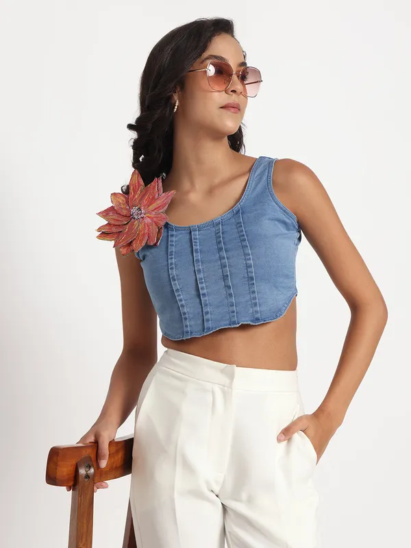 Blue_Denim_Crop_Jeans_Top_with_Brooch_For_Women