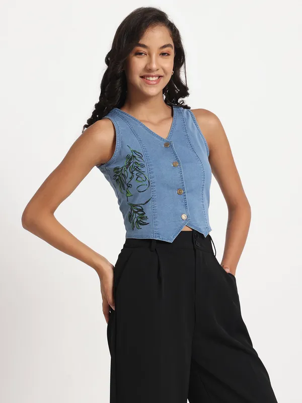 Blue_Nature's_Grace_Hand_Painted_Denim_Jeans_Top_For_Women