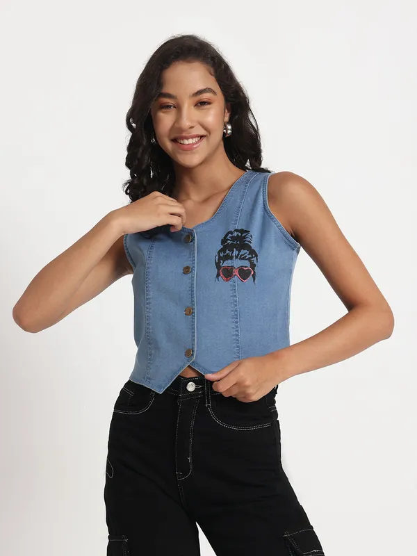 Blue_Sassy_Sunglasses_Denim_Vest_Jeans_Top_For_Women