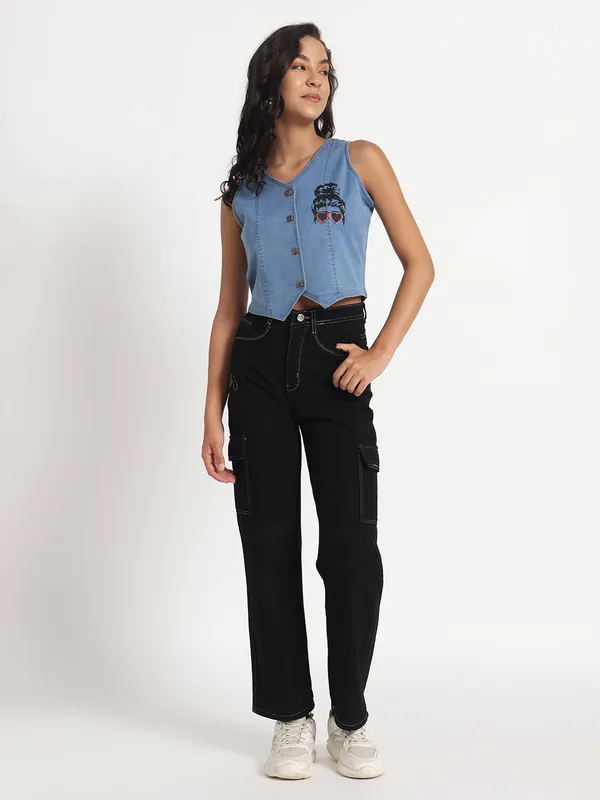 Blue_Sassy_Sunglasses_Denim_Vest_Jeans_Top_For_Women