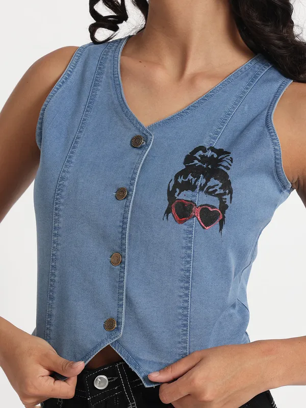 Blue_Sassy_Sunglasses_Denim_Vest_Jeans_Top_For_Women