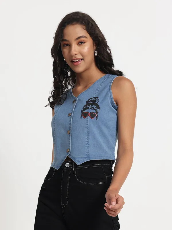 Blue_Sassy_Sunglasses_Denim_Vest_Jeans_Top_For_Women