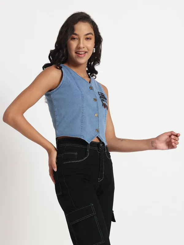 Blue_Sassy_Sunglasses_Denim_Vest_Jeans_Top_For_Women
