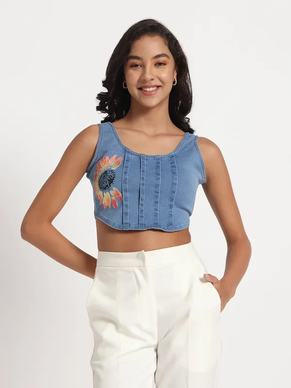 Blue_Sunflower_Print_Crop_Jeans_Top_For_Women